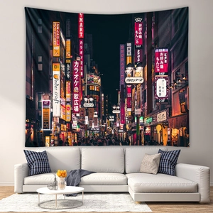 Cyberpunk Tokyo street scene tapestry with neon signs for modern living room wall decor