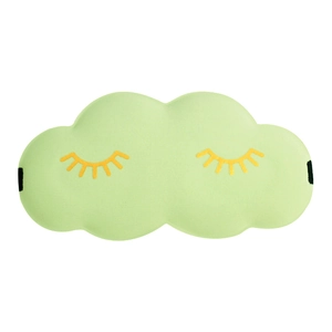Green cloud sleep mask with cute yellow eyelashes and black elastic strap for relaxing.