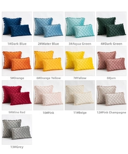 Grid view of velvet diamond quilted throw pillow covers with decorative pom-pom fringe