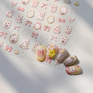 5D Embossed Nail Stickers Cute Cat Pink Bow Crown 3D Relief Self Adhesive DIY Manicure Decor Sweet Girls