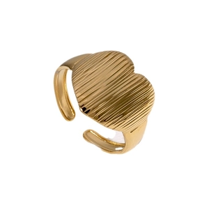 Gold heart-shaped ring with vertical texture and adjustable open band on white background