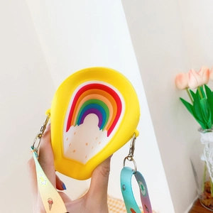 Bright yellow rainbow silicone shoulder bag with colorful printed strap for children