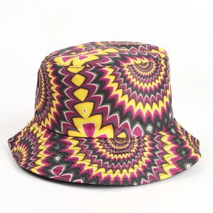 Detail of vibrant bucket hat with radial geometric optical illusion pattern in multiple colors