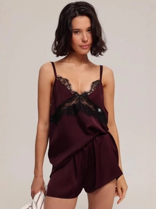 Women Pajama Cami Top And Shorts Satin Lace Splicing Sexy V Neck Sleepwear Loungewear