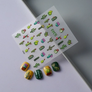 Stickers à ongles 5D relief motif cactus et plantes vertes avec textures fleurs en 3D