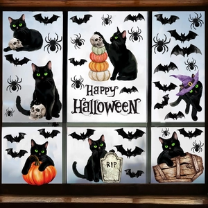 Halloween window clings set with black cats, pumpkins, bats and Happy Halloween sign