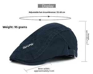 Detailed size specifications for navy cotton newsboy cap with adjustable metal buckle