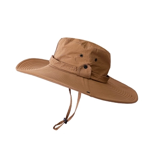 Detail showing wide brim sun hat with adjustable windproof drawstring and side air vents