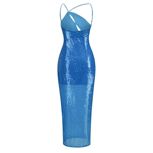 Elegant blue sequin backless maxi dress with cross thin straps and chic slit design