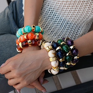 Bohemian Acrylic Marble Bead Bracelet Bold Gold Alloy Geometric Retro Fashion Jewelry For Women