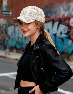 Detail of a beige baseball cap featuring red stars and black grid patterns on cotton canvas