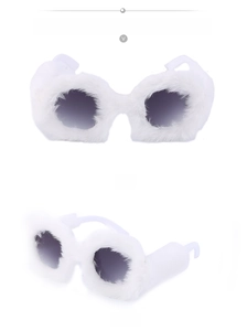 Front and side views of white fuzzy round sunglasses with plush faux fur frame detail