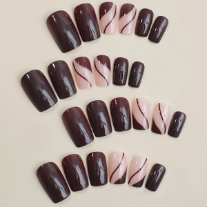 Brown and nude press on nails with vintage stripes and glossy finish for women