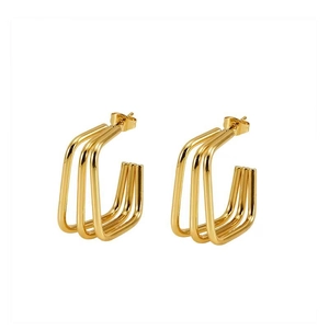 Minimalist gold three-layer geometric square earrings in 18K plated stainless steel