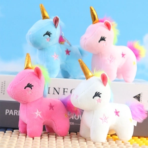 Set di portachiavi unicorno in peluche in quattro colori con criniere arcobaleno
