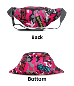 Detailed back and bottom views of a pink camouflage waterproof sports waist bag