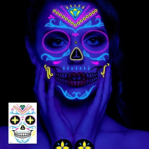 Neon glow Halloween sugar skull face tattoo sticker for Day of the Dead parties