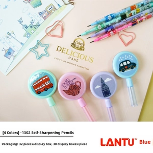 Detail of creative non-sharpening pencils with 3D London icons and tea party toppers