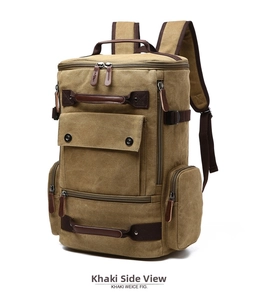 Detailed side view of khaki canvas backpack with leather zip pulls and side pockets