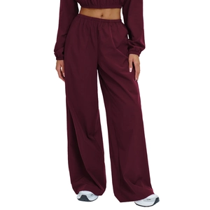 Women's burgundy loose wide-leg sports pants with high waist and matching long sleeve top