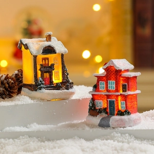 LED light up Christmas miniature house figurines on snow for holiday home decor