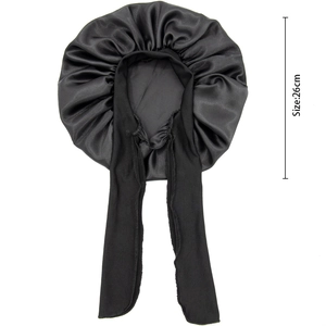 Kids black satin sleep cap with bow ties and 26cm diameter for hair protection