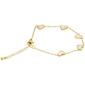 Fashionable gold-plated stainless steel heart bracelet with five white heart charms