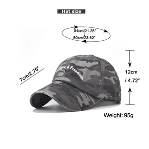 Detailed size chart for camouflage baseball cap with embroidery showing dimensions and weight