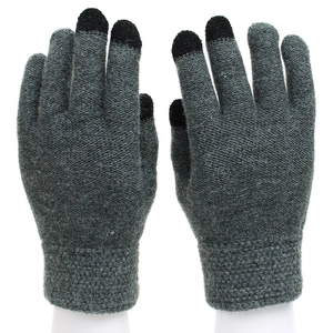 Detail of grey knitted gloves showing three-finger touchscreen tech and ribbed elastic cuffs