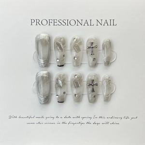 Handmade Press On Nails Silver Metal Cross Marble Smoky Grey Gothic Punk Luxury Rhinestone 3D Charms Manicure For Women