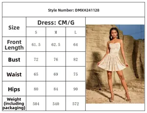 Detailed size chart for sequined mini dress with outdoor model wearing the garment