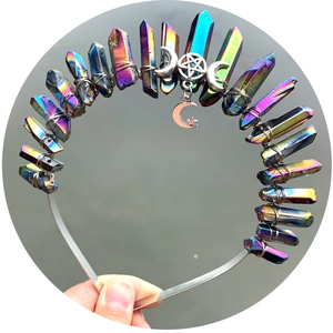 Rainbow crystal crown headband with silver moon and star charms for parties