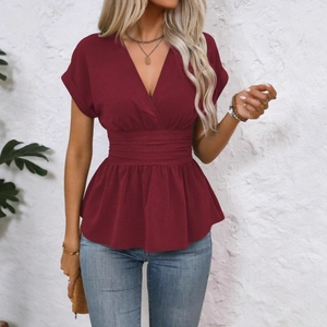Deep red V-neck short sleeve dress with ruched waist and casual pleated hemline