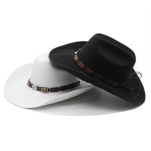 Western Cowboy Fedora Hat Wide Brim Woolen Felt Hat Ethnic Turquoise Decor Sun Protection Outdoor Travel Hat for Men Women