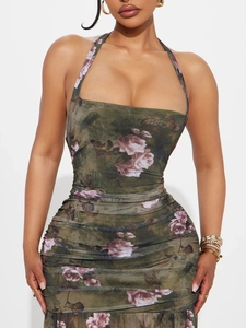 Slim fit halter neck mesh dress in olive green with rose floral print and ruched detailing