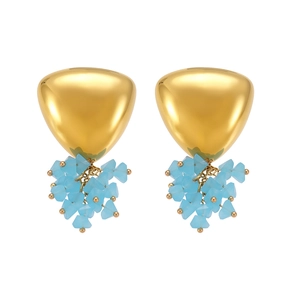 Modern geometric triangle gold earrings with light blue faceted glass bead tassels