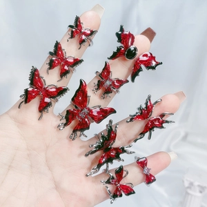Adjustable butterfly open rings with red and black enamel drip oil Gothic style for women
