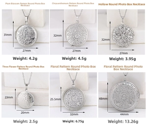 Polished silver locket necklaces in six floral and geometric designs with various sizes