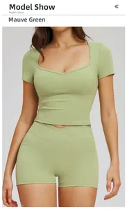 Detail view of matcha green yoga set with U-neck short sleeve top and V-waist shorts