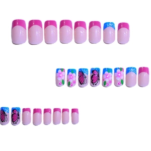 24-piece press-on nail kit featuring floral and butterfly designs in pink and blue