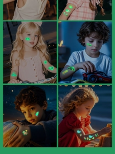 Luminous temporary tattoos for children showing glowing cartoon racing cars and dinosaurs