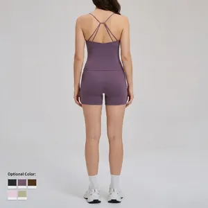 Women's backless purple yoga set with high waist shorts available in five colors