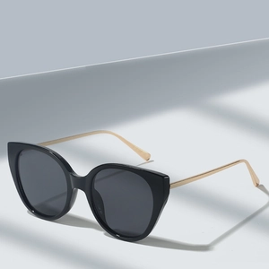 Fashionable oversized cat-eye sunglasses with black frames and gold metal temples for women