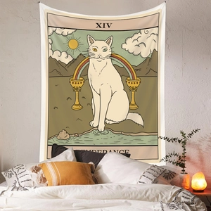 Detail of bohemian cat tarot tapestry featuring the Temperance card design on bedroom wall