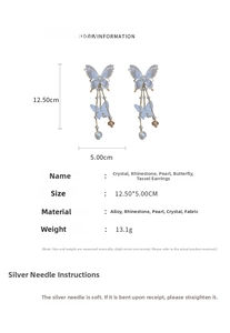 Detail showing crystal butterfly fringe earrings dimensions 12.5cm by 5cm with pearls