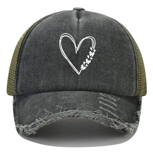 Distressed vintage baseball cap in charcoal grey and olive green with heart butterfly print