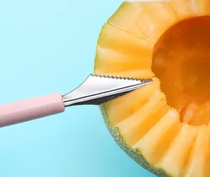 Detail of V-shaped stainless steel serrated carving tool for creative fruit cutting