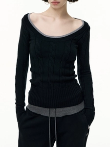 Slim fit black long sleeve cable knit sweater for women with grey faux two-piece U-neckline