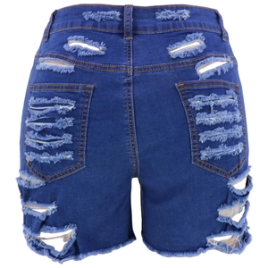 Detailed back view of high-waist dark blue denim shorts with distressed ripped pockets