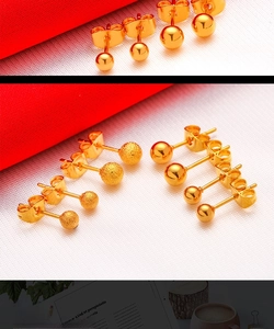 Detail of gold-plated brass ball earrings showing polished and matte finishes